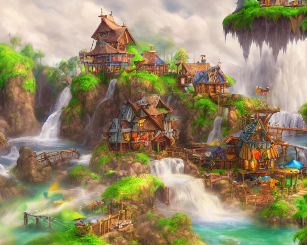 Fantasy art landscape of whimsical village with waterfalls