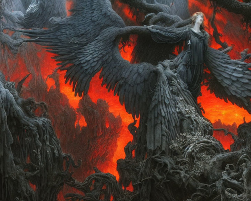Winged woman in dark, fiery landscape among gnarled trees