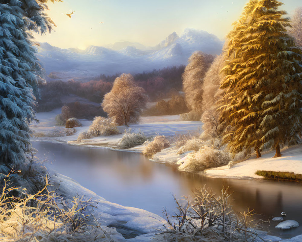 Snow-covered trees, gentle river, sunrise glow, distant mountains - serene winter landscape