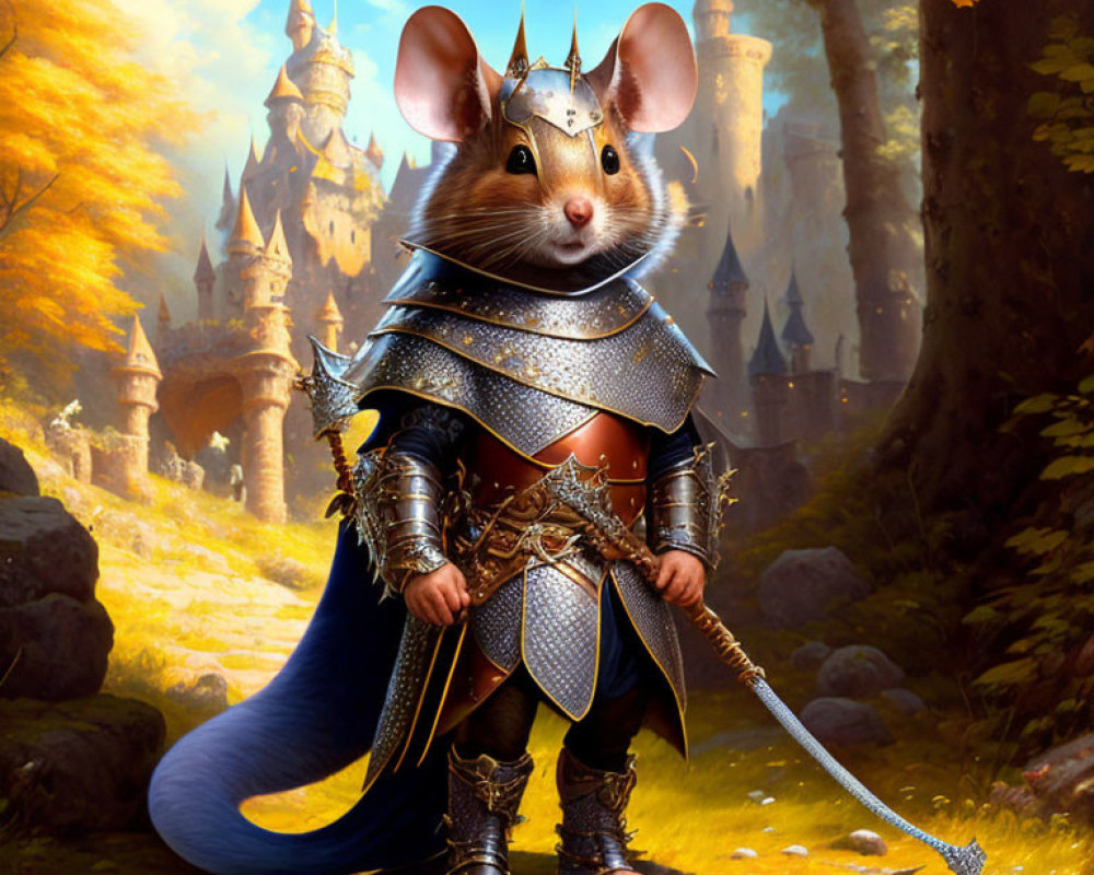 Anthropomorphic Mouse Knight in Armor in Forest with Castle