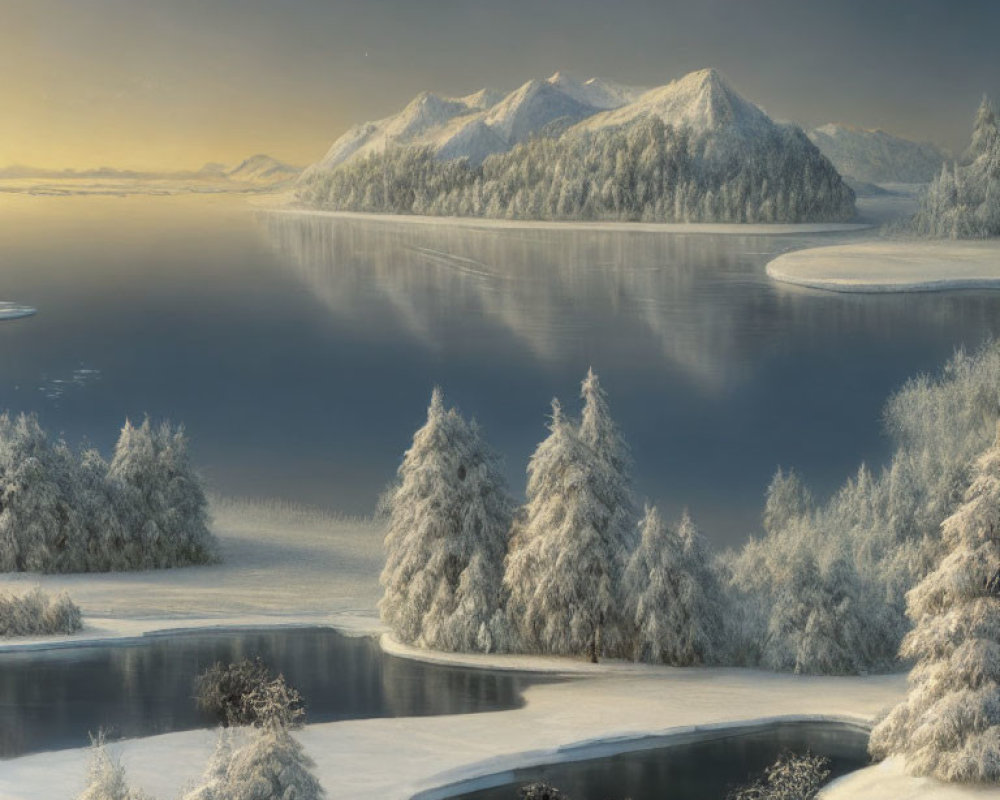 Winter Scene: Snowy Landscape with Frosted Trees, Lake, Mountains, and Dock