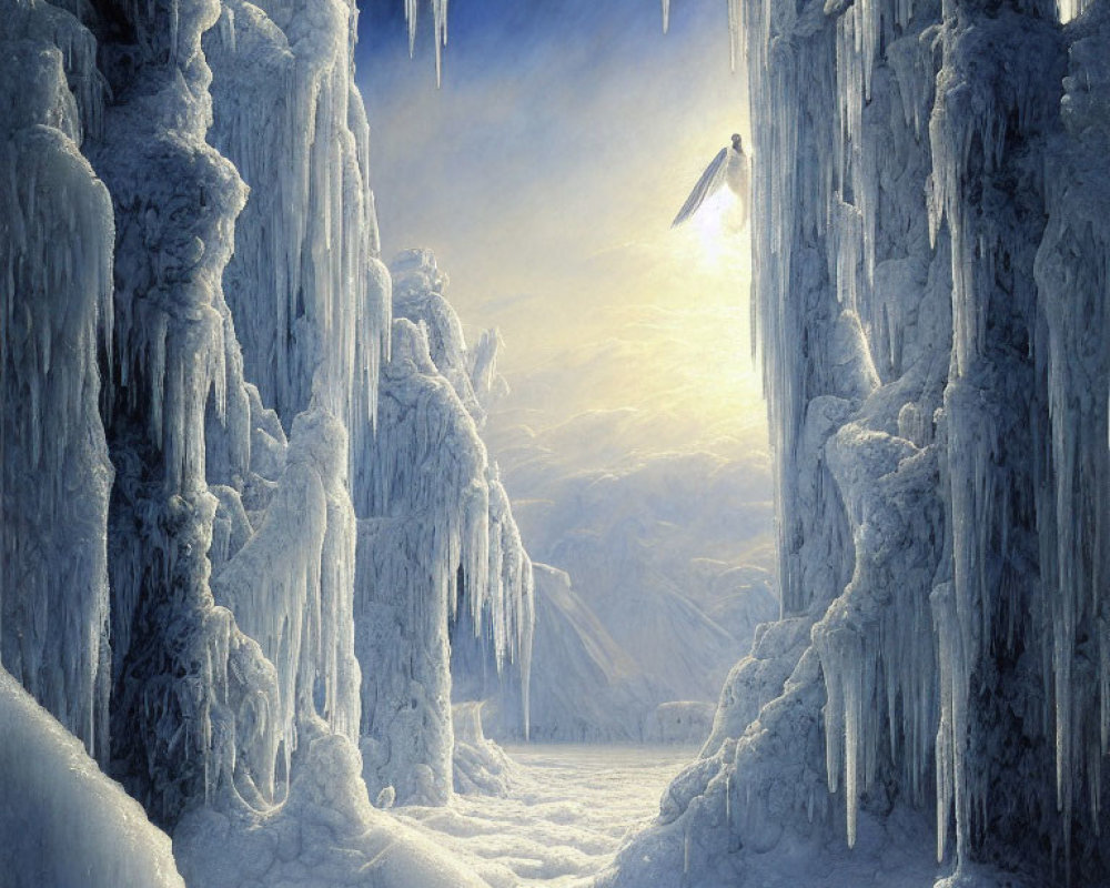 Surreal icy landscape with towering icicles and a solitary figure in white