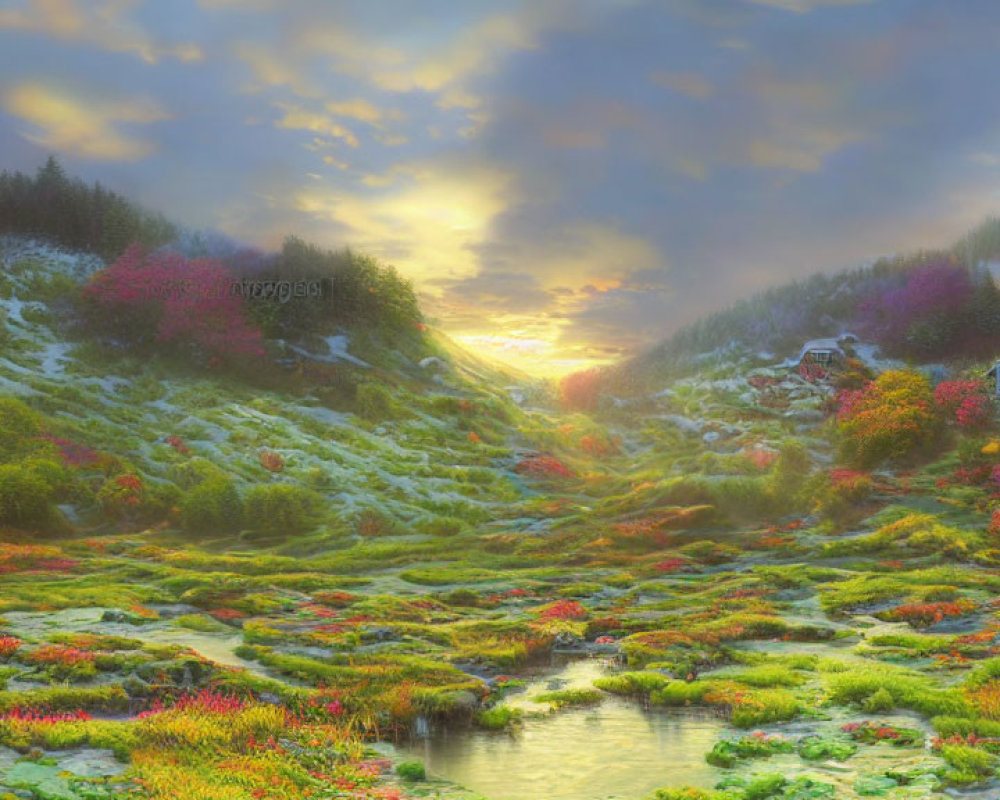 Tranquil sunrise landscape with brook, flowers, greenery, and houses