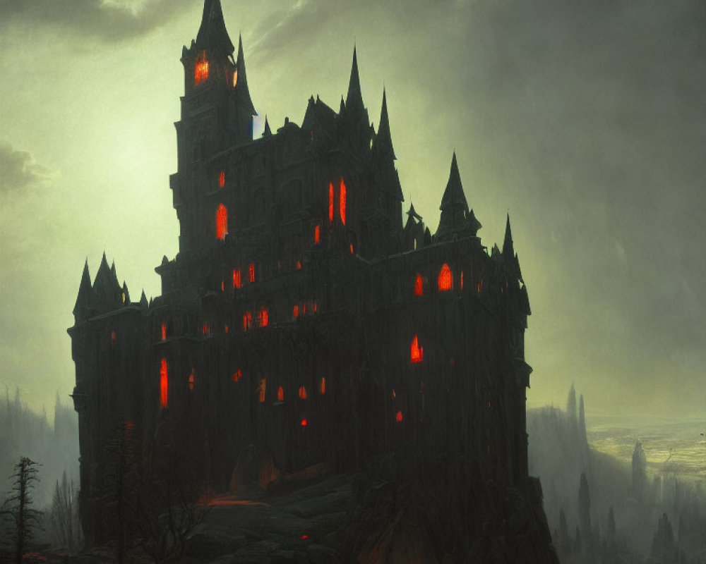 Gloomy castle on craggy hill under red-glowing windows