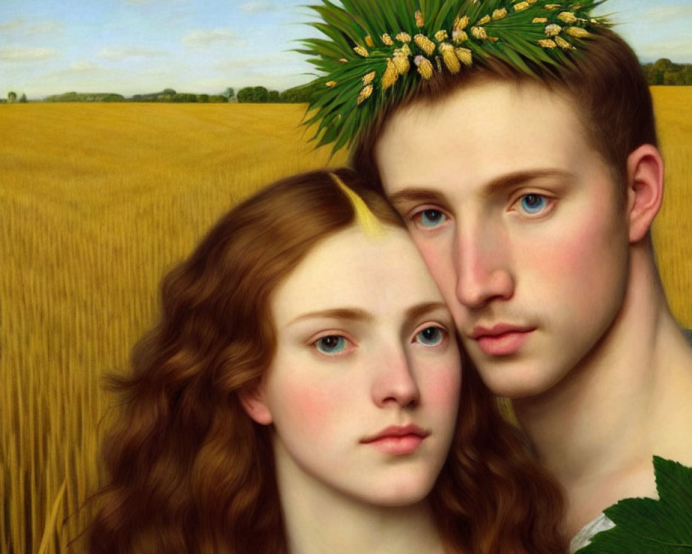 Digital artwork blending young man and woman's faces in wheat field with red hair and leaf crown