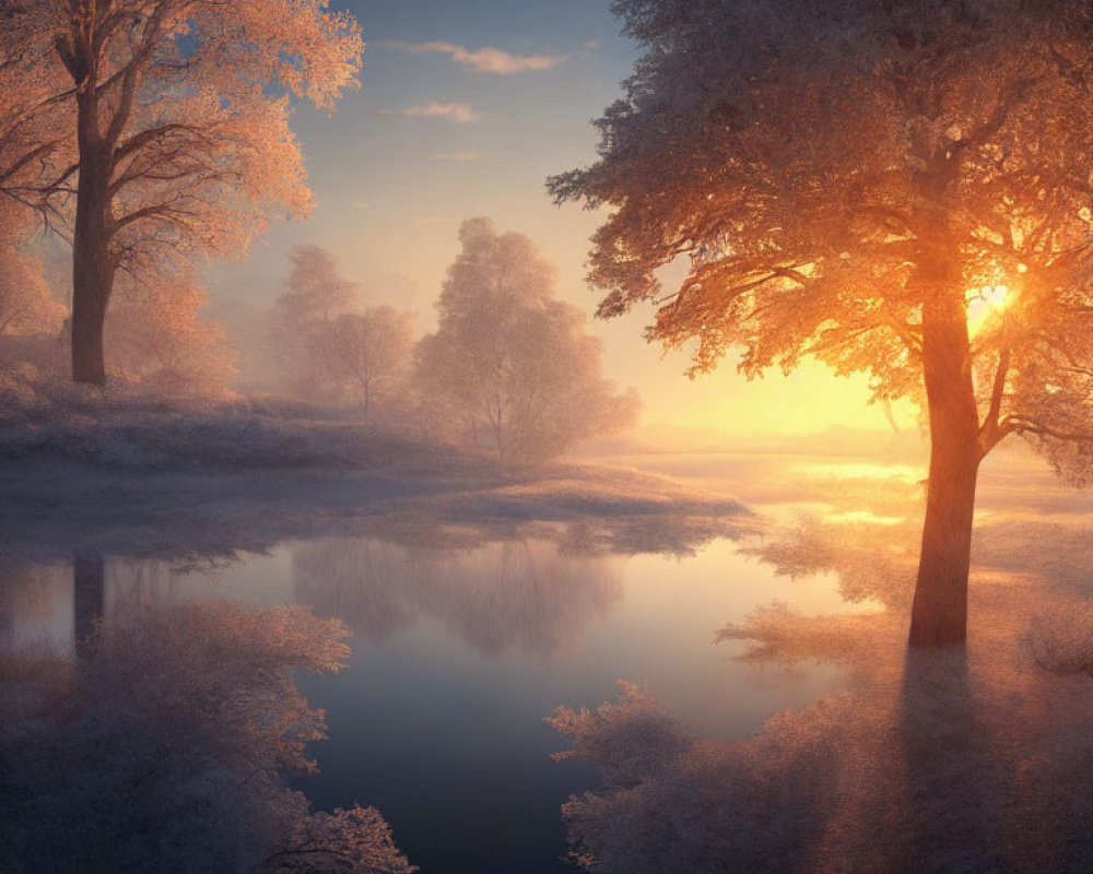 Tranquil winter landscape with frost-covered trees and calm river at sunrise