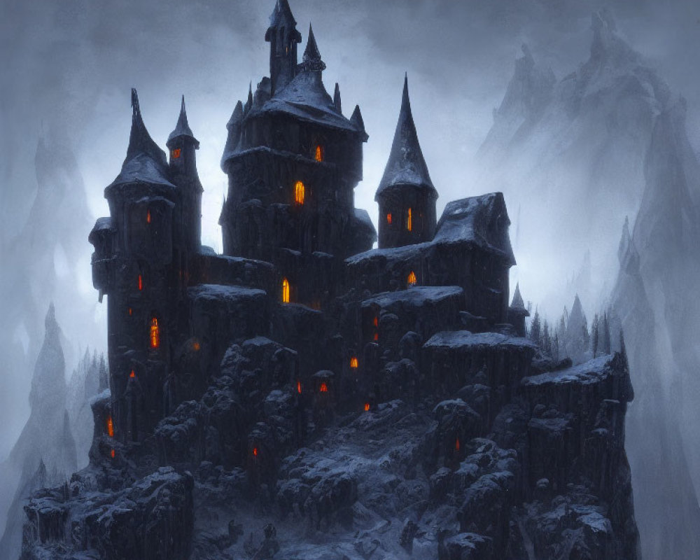 Gothic castle on craggy cliff with warm lights in foggy mountains