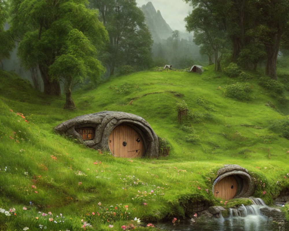 Fantasy landscape with hobbit-style houses, stream, flowers, and misty mountains