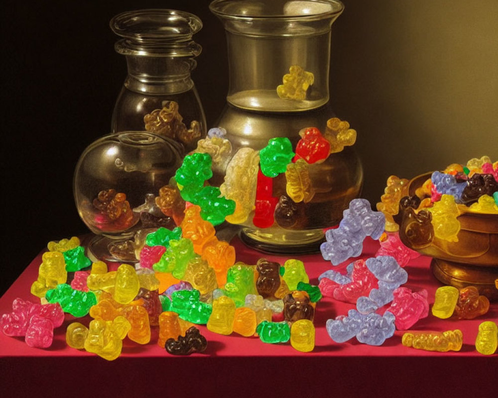 Vibrant gummy bears on table with containers on dark background