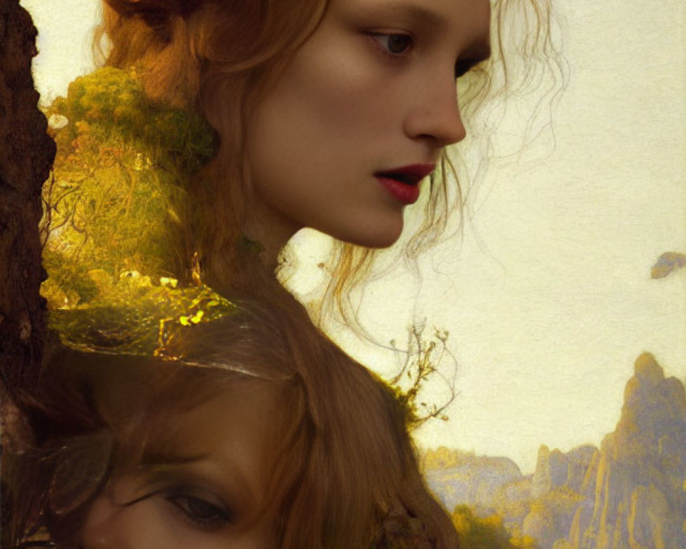 Surreal portrait of two women in nature with intricate hair and autumn colors