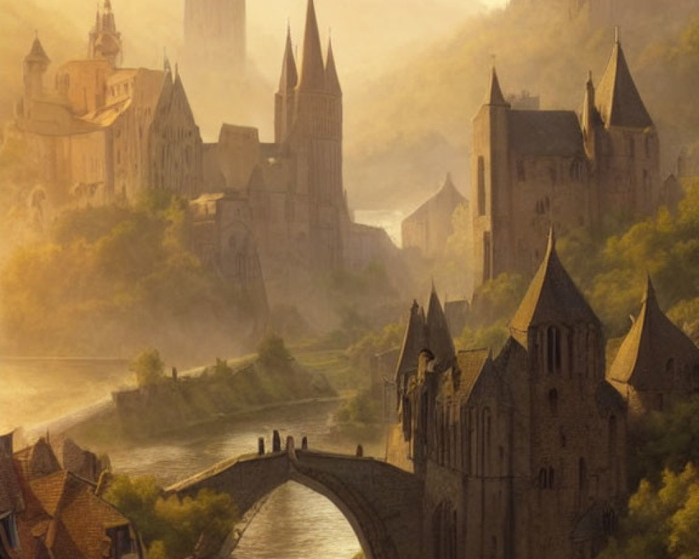 Medieval cityscape at sunrise with Gothic cathedrals, stone bridge, and golden-hued