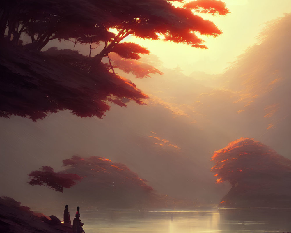 Tranquil lake landscape with figures under hazy sky