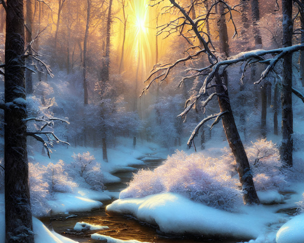Serene snow-covered forest at sunrise with meandering stream