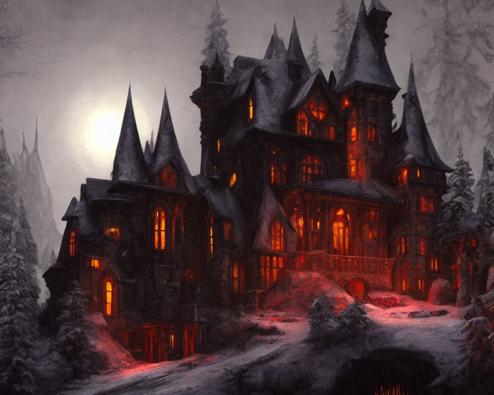 Gothic mansion with illuminated windows in snowy landscape under full moon