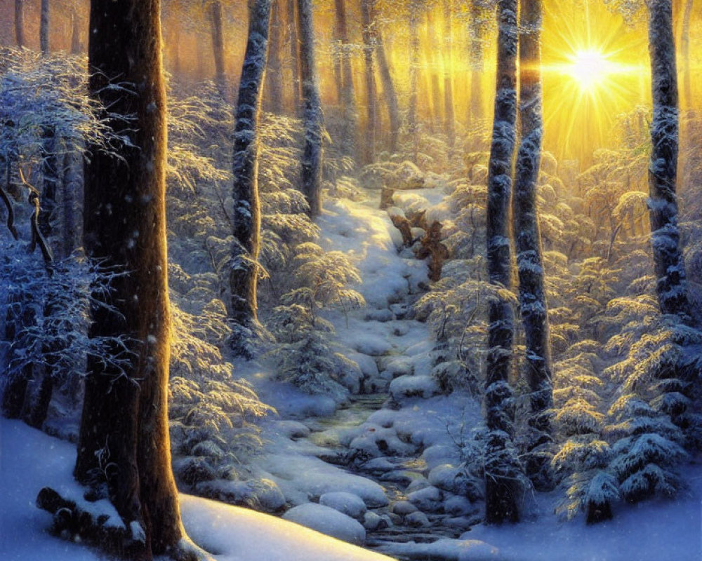 Snowy Forest Scene with Sunlight and Stream