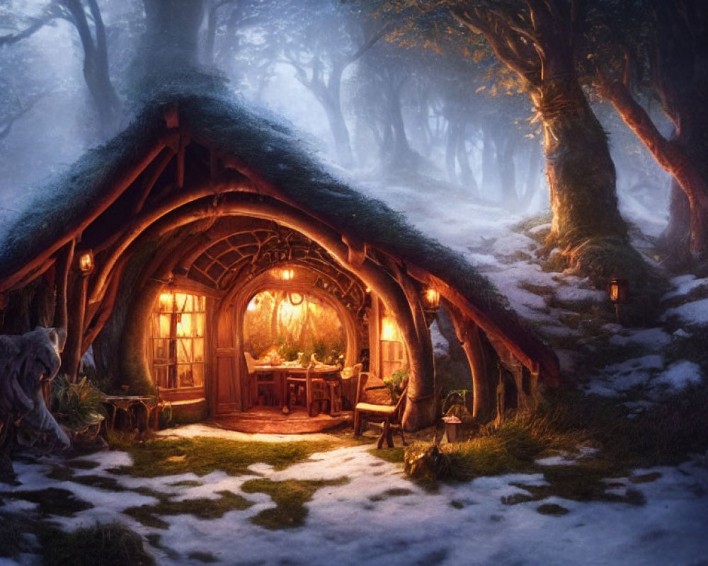 Enchanted snowy forest scene with cozy hobbit-style house