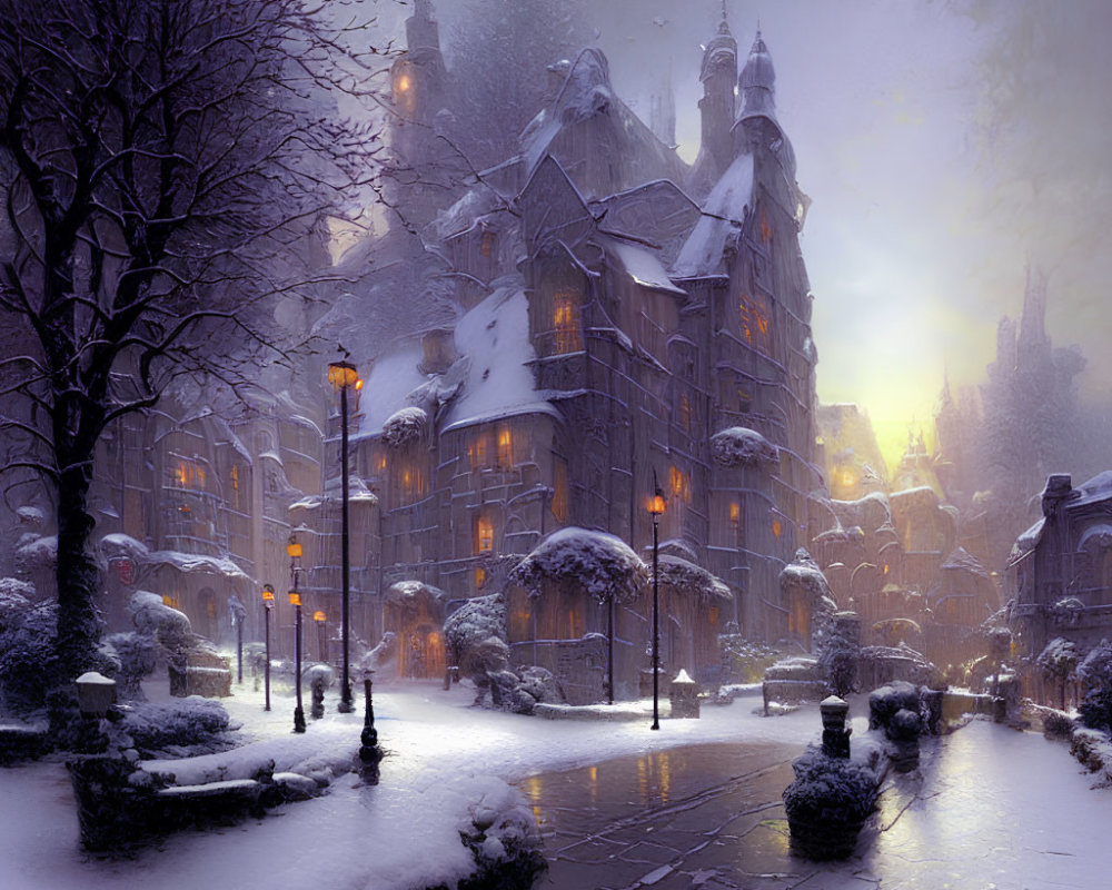 Snow-covered Gothic-style building in enchanting winter scene