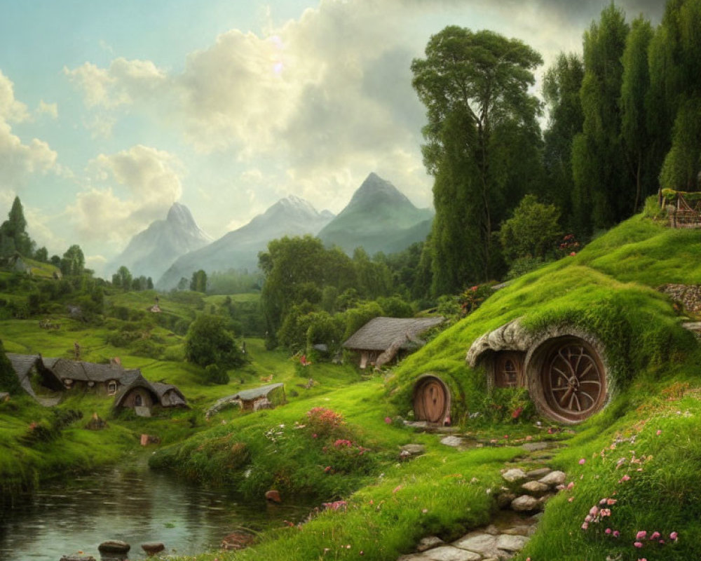 Tranquil rural landscape with hobbit-like houses, river, and mountains