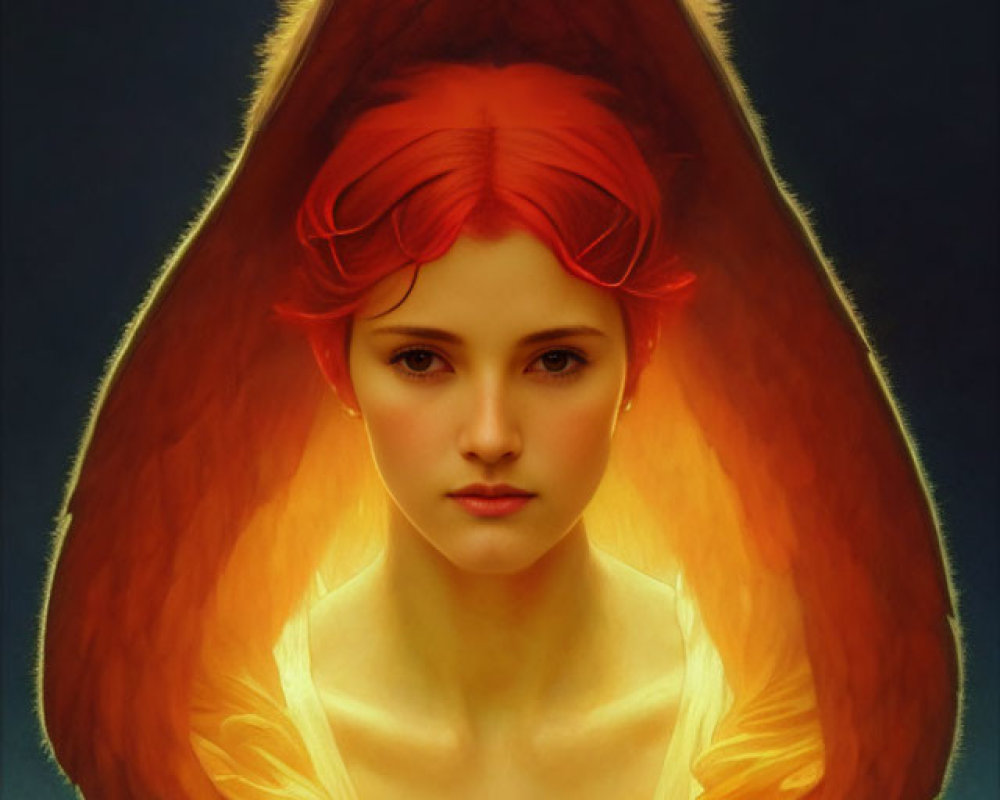 Enigmatic woman with fiery red flame-shaped hair on dark background