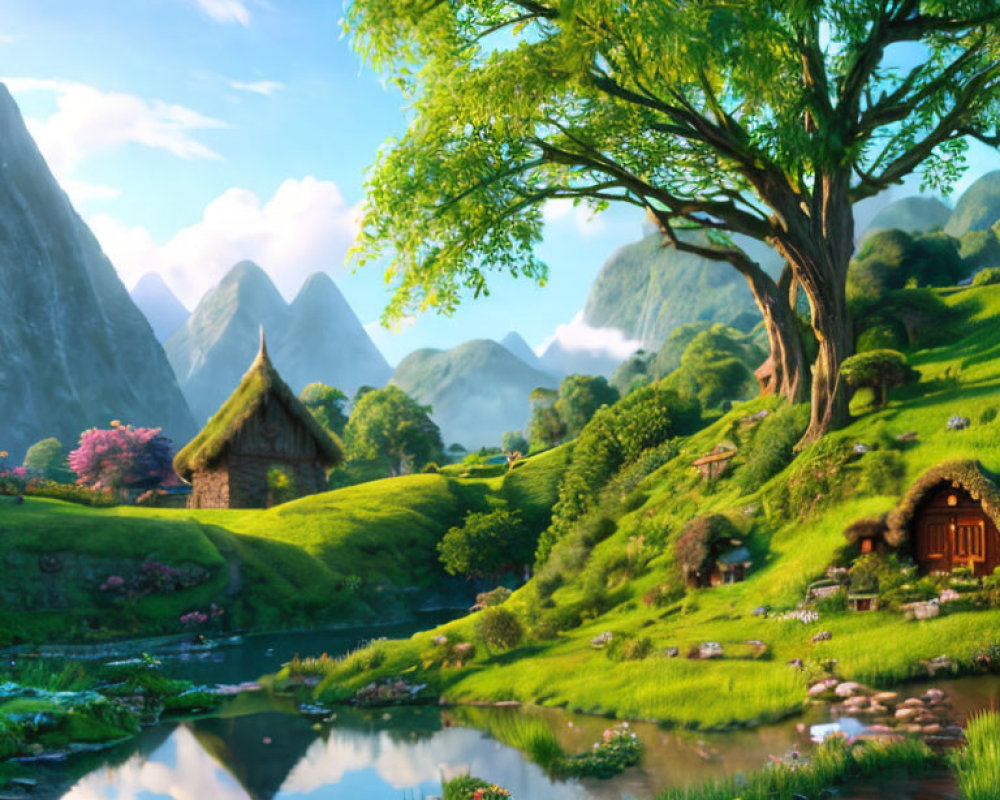 Fantasy landscape with thatched-roof cottages, tree, mountains, and pond