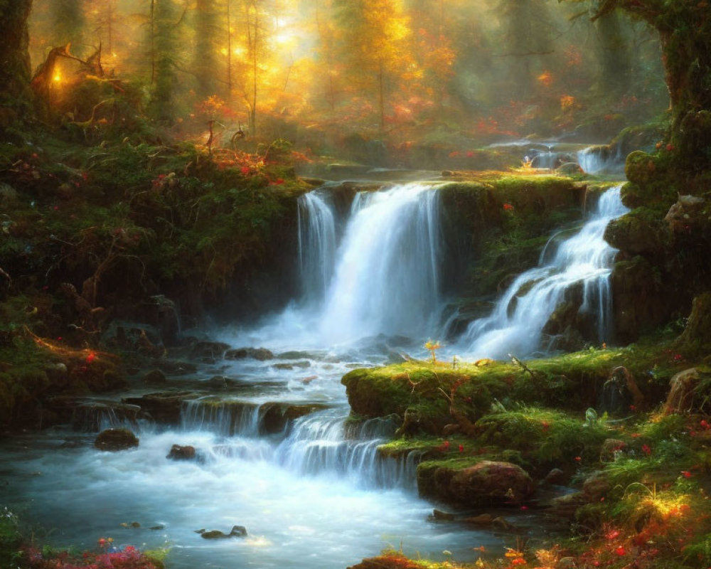 Tranquil forest scene with waterfall and sunbeams