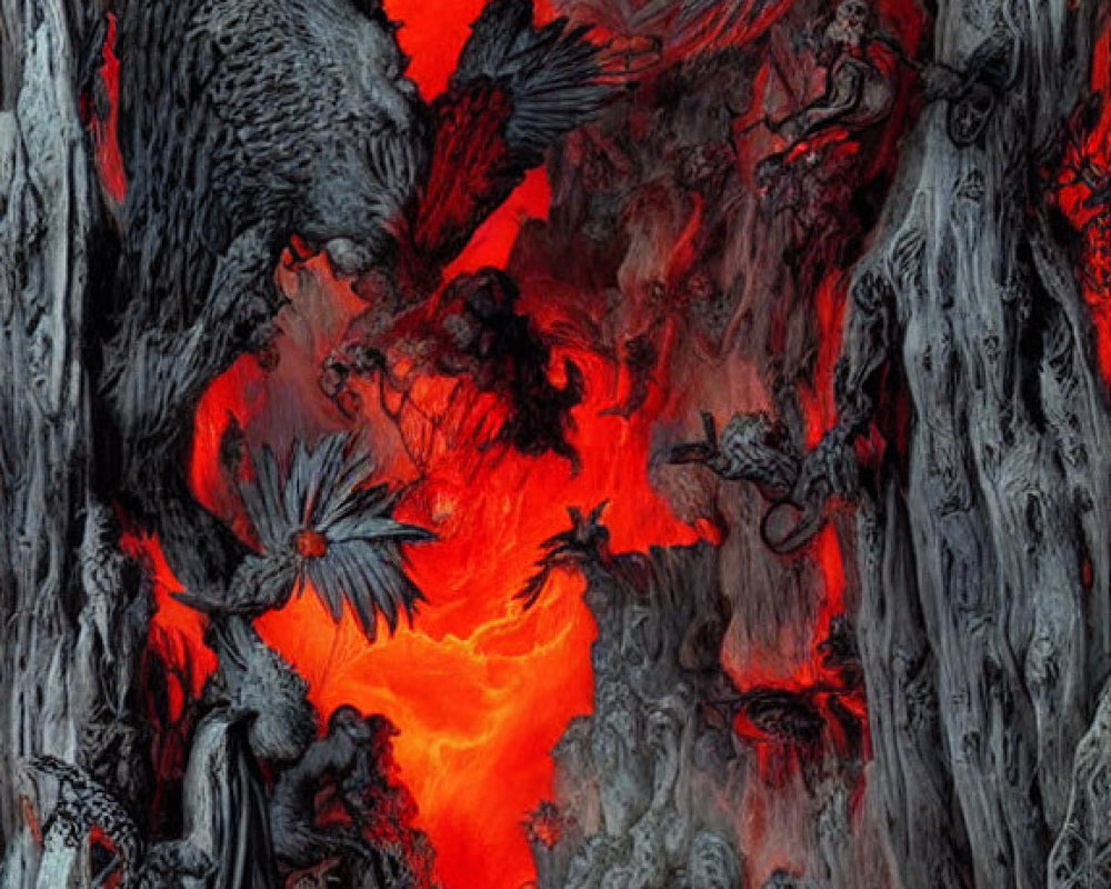 Dark fantasy scene with red glow, large bird, twisted tree-like structures