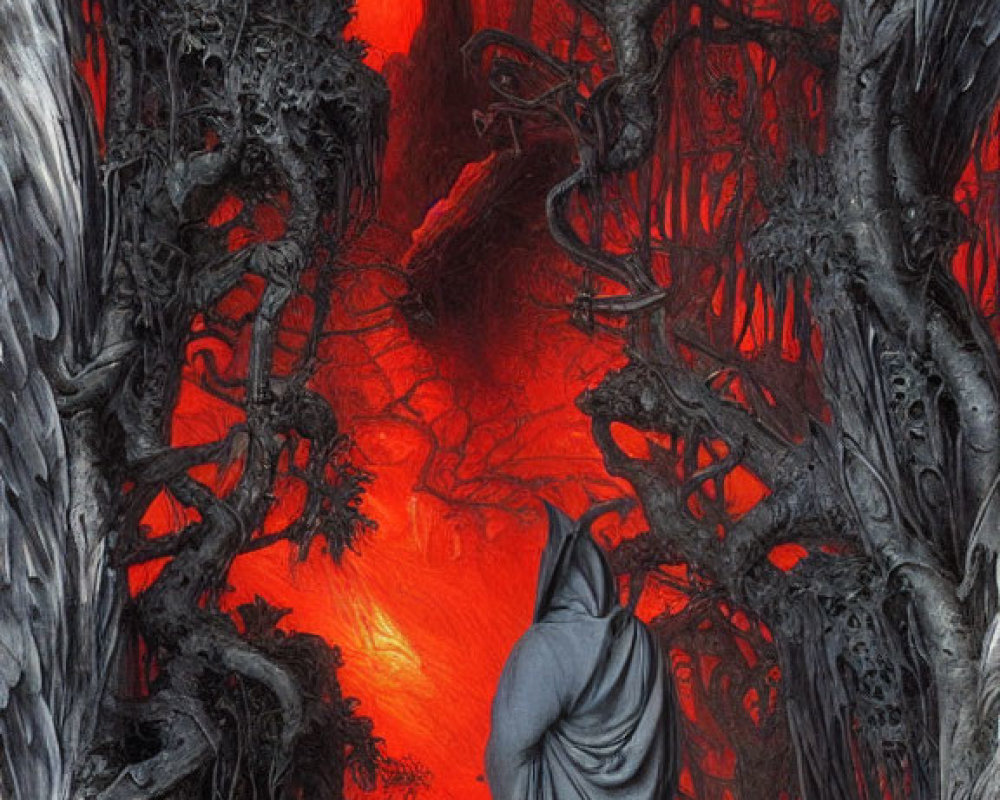 Mysterious cloaked figure in haunting forest under blood-red sky
