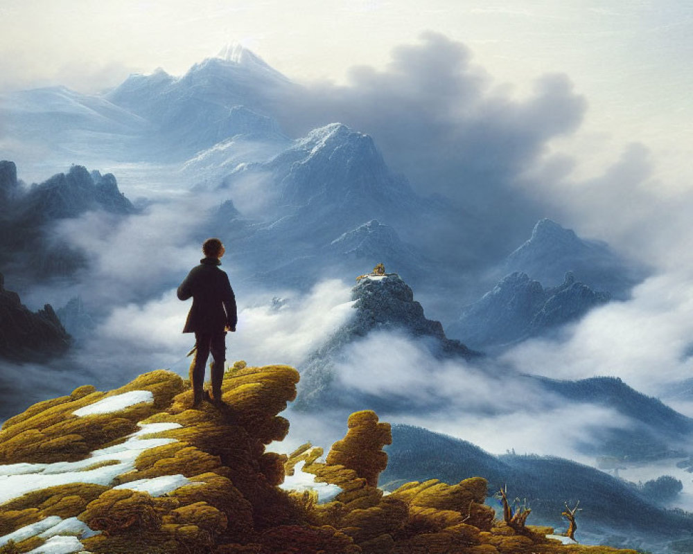 Person overlooking vast mountainous landscape with fog-filled valleys and distant peak under cloudy sky.