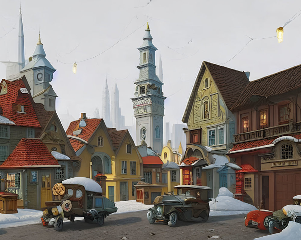 Colorful European-style village scene with vintage cars and tall spires