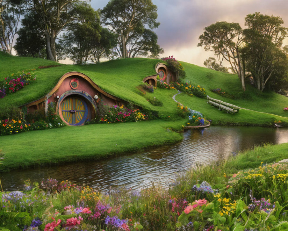 Lush Hobbiton landscape with vibrant flowers and quaint Hobbit-holes