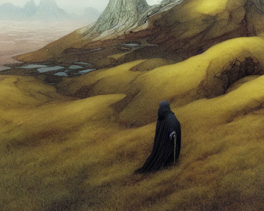 Robed Figure in Surreal Landscape with Golden Hills and Water Pools
