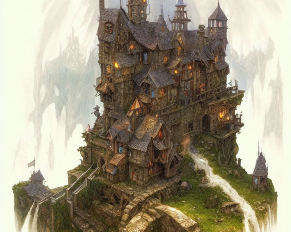Whimsical house with turrets and balconies on craggy peak surrounded by mist