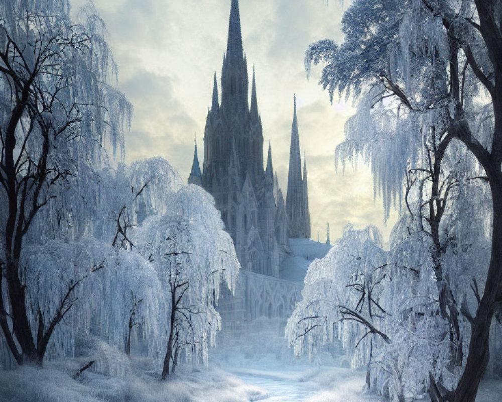 Gothic cathedral in frosty winter landscape