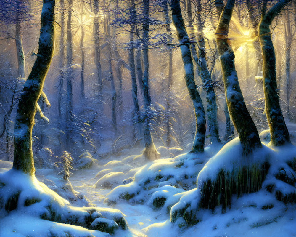 Snow-covered winter forest with sunbeams and ethereal glow
