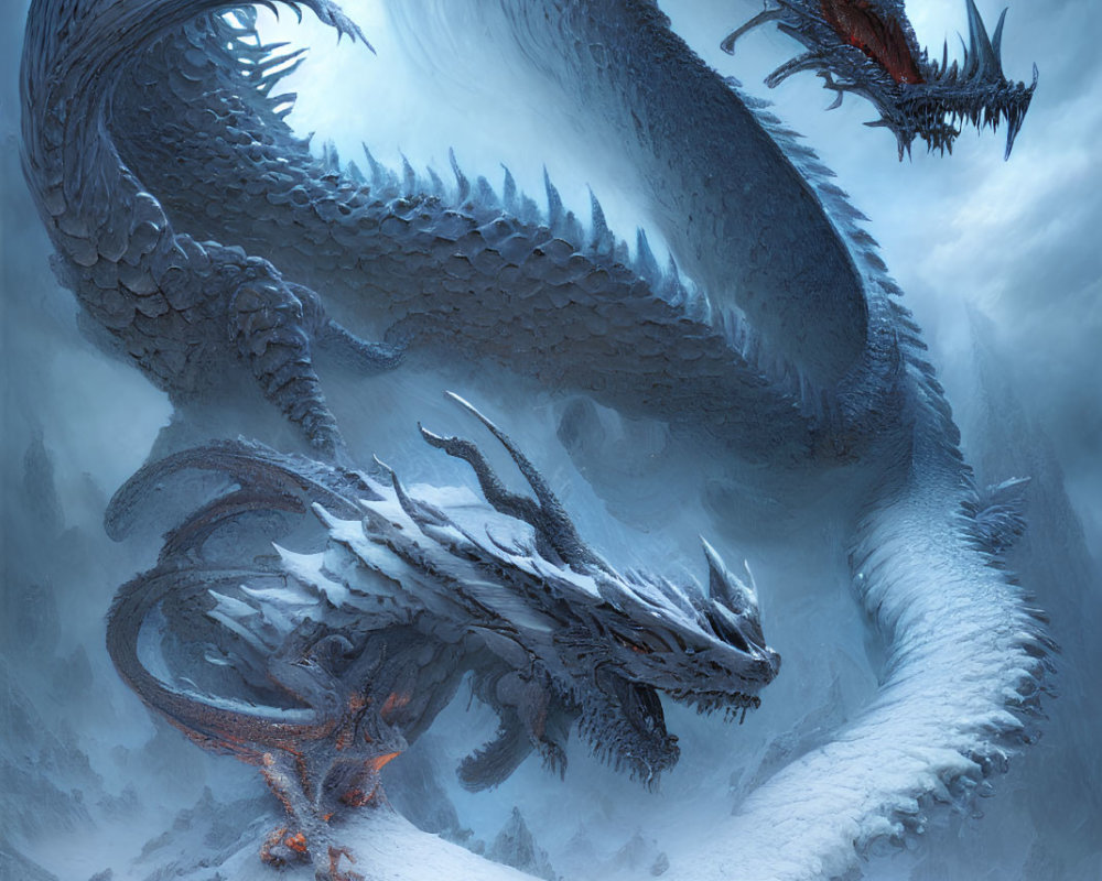Detailed illustration of two colossal dragons in icy landscape, one blue, one black and red, in intense