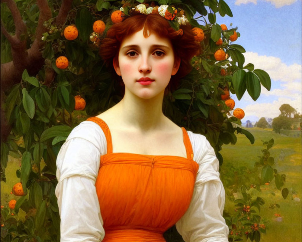 Portrait of young woman in floral crown and orange dress against pastoral backdrop