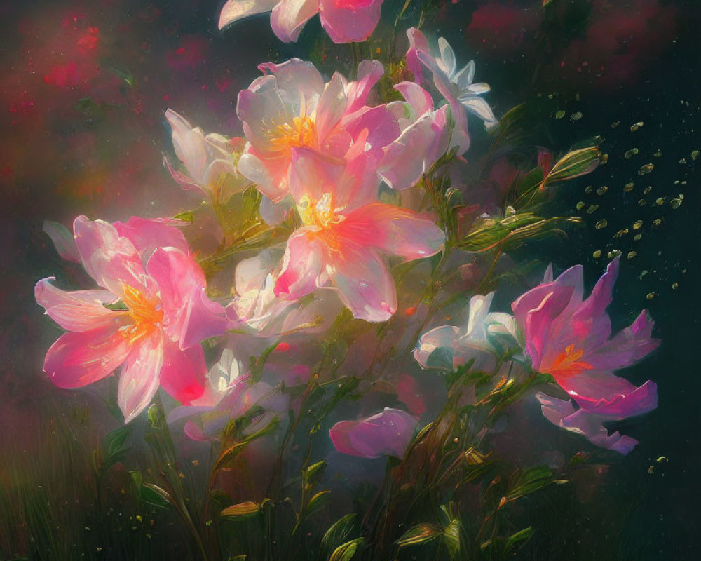 Pink Flowers in Warm Sunlight on Dark Background with Golden Particles