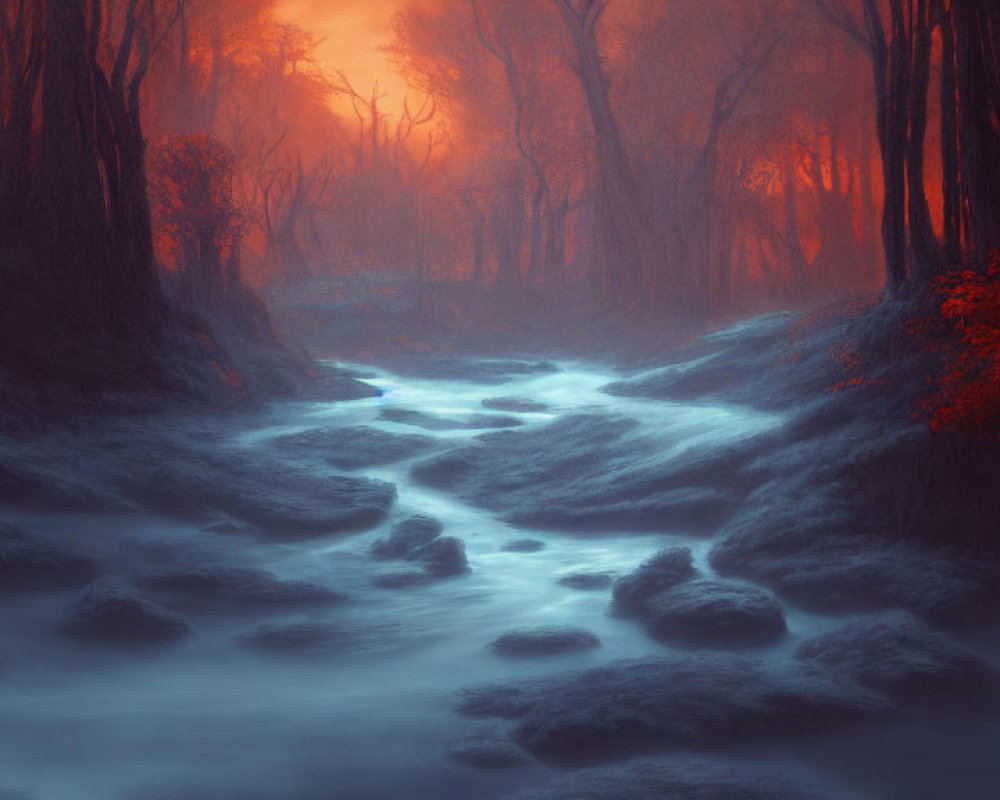 Enchanting forest scene with glowing stream and misty trees