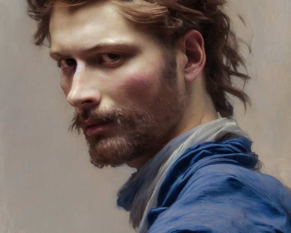 Man with Wavy Brown Hair and Beard in Blue Shirt Portrait