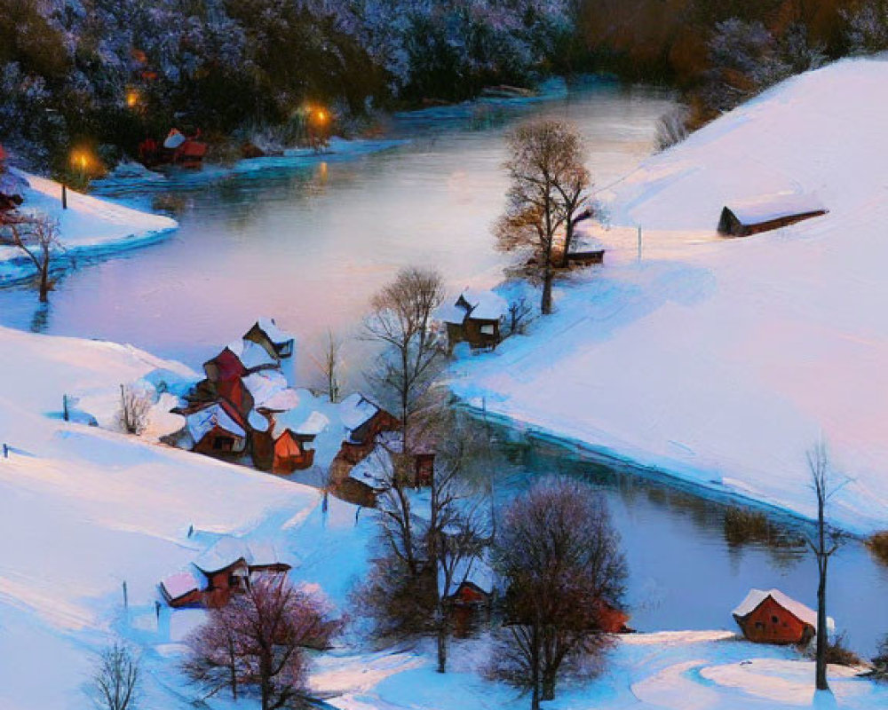 Snow-covered houses by river with warm glow lights, trees, and mountains at dusk