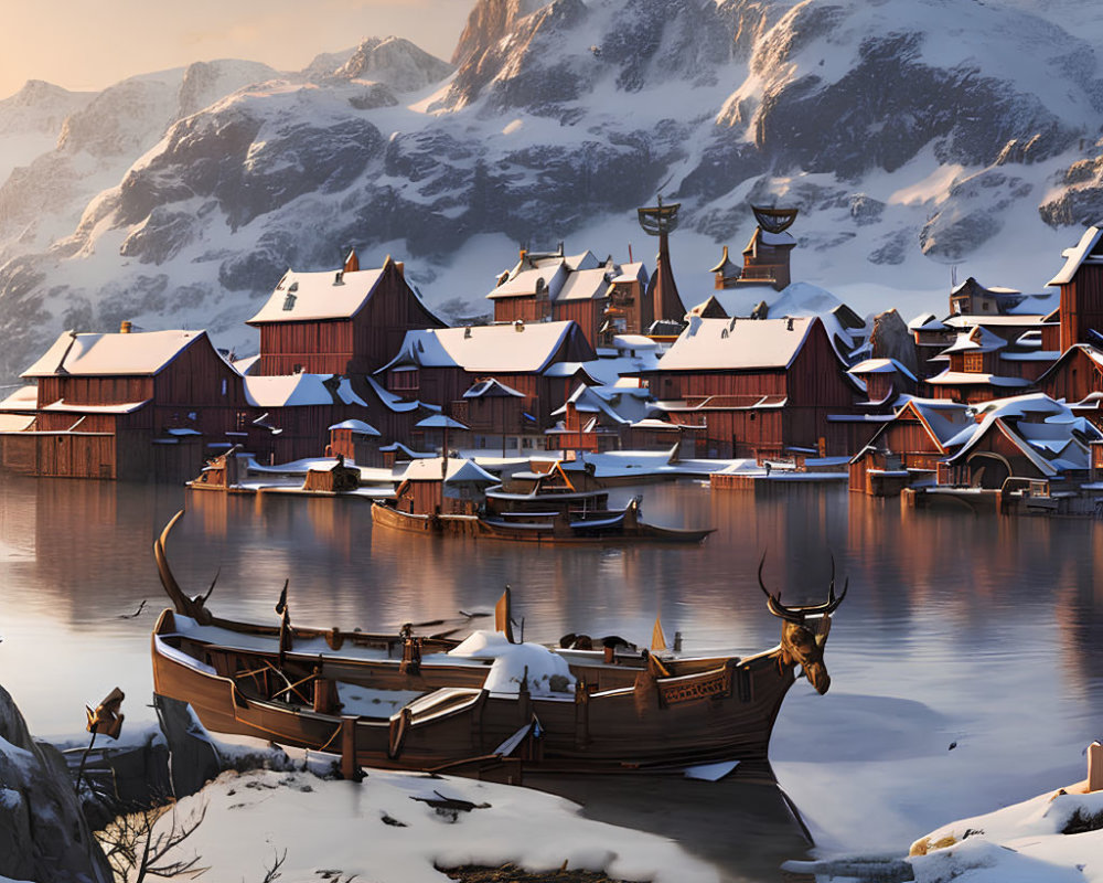 Snow-covered Viking village with longboats near lake and mountains at sunset