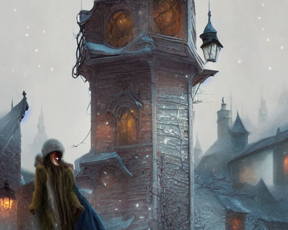 Person in Blue Cloak Stands by Snow-Covered Clock Tower at Twilight