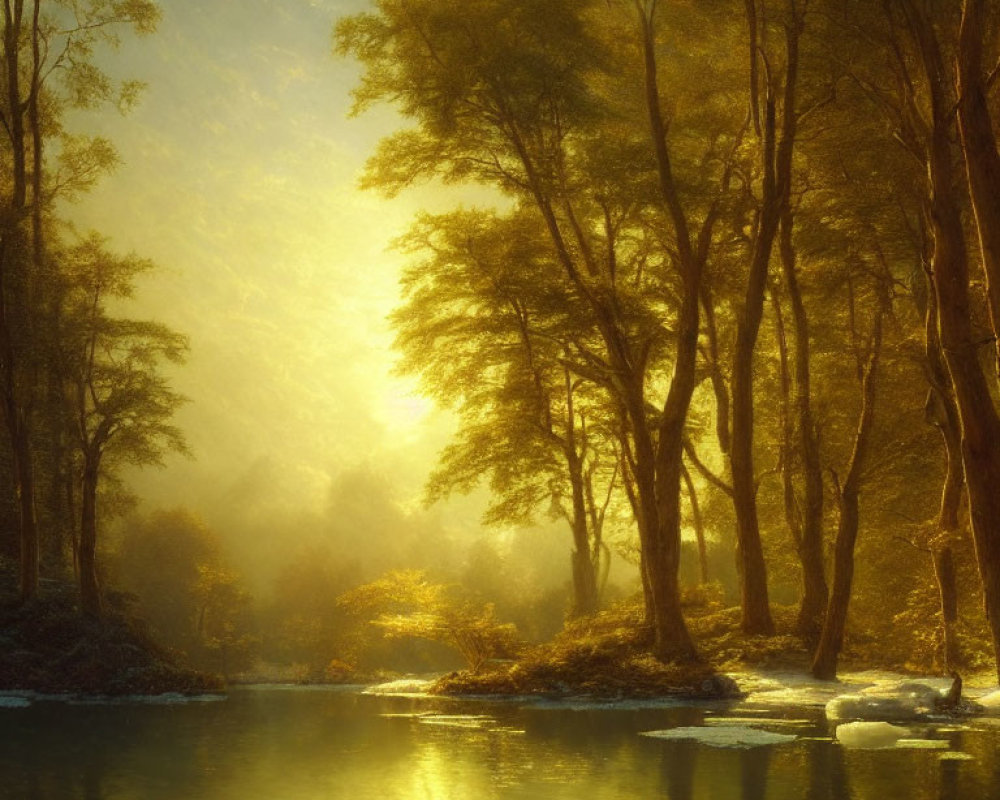 Tranquil Forest Landscape with Sunlight, River, and Mist