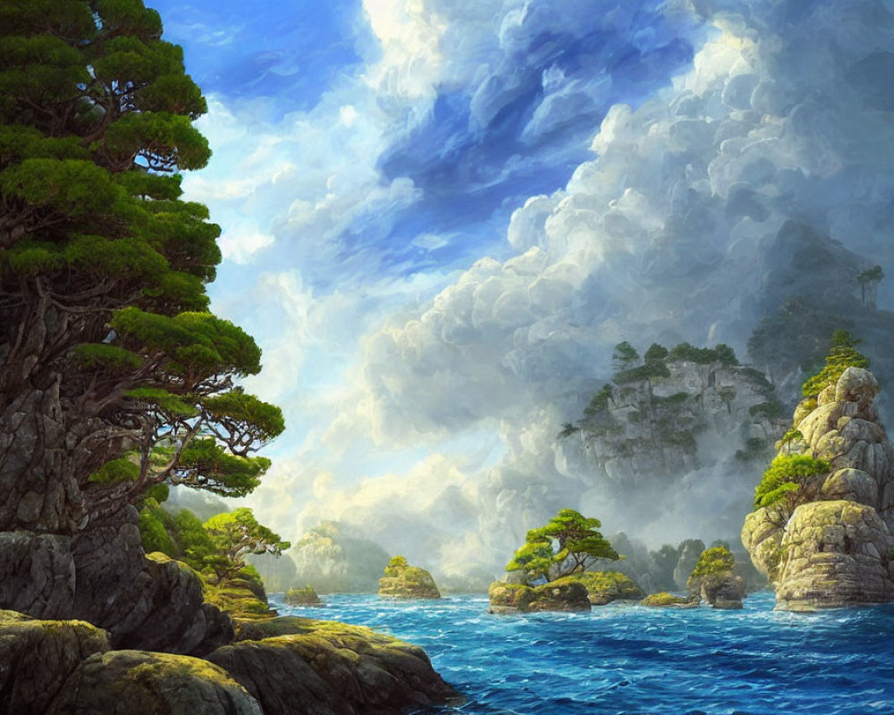 Tranquil coastal landscape with rocky cliffs and pine trees