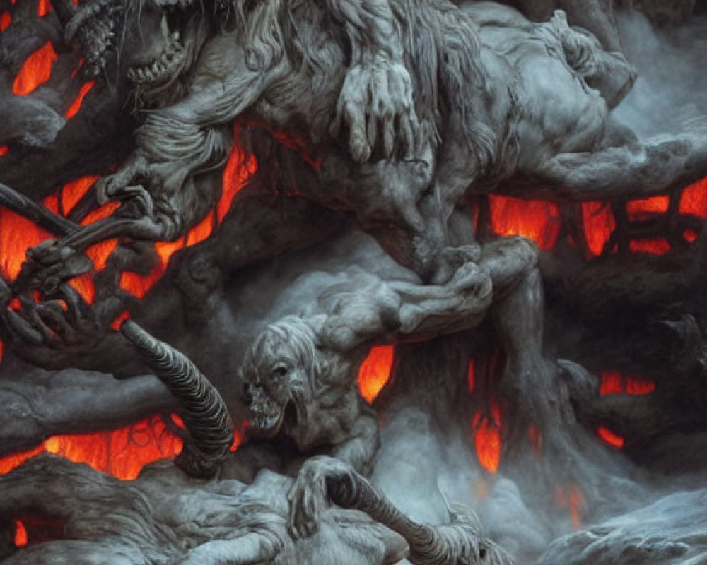 Mythical Creatures Battle in Dark, Fiery Scene