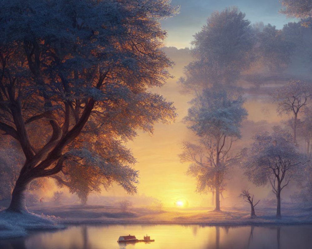 Misty river sunrise with frosted trees and boat