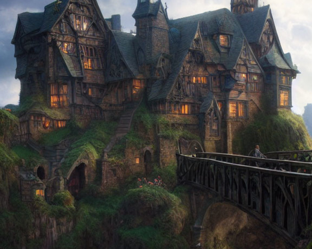 Fantasy-style grand house on lush cliff with turrets and figure on bridge