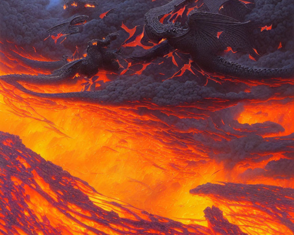 Dragons flying over fiery lava landscape with molten streams