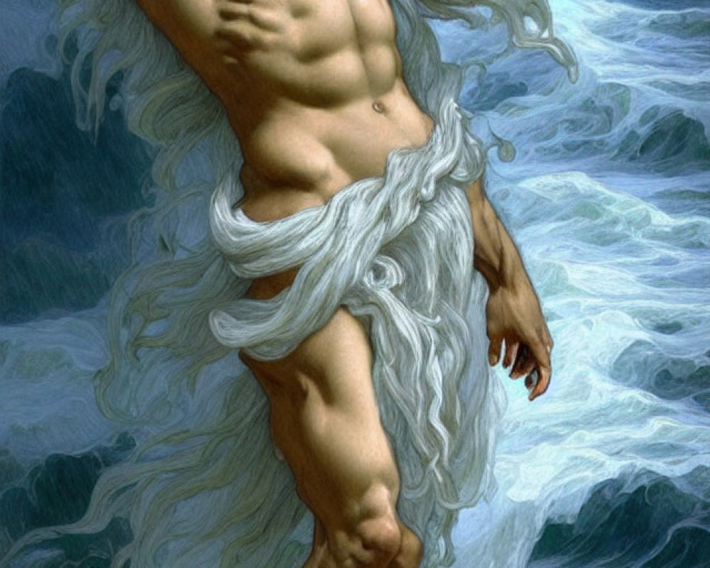 Bearded man with white hair in loincloth against stormy sea waves