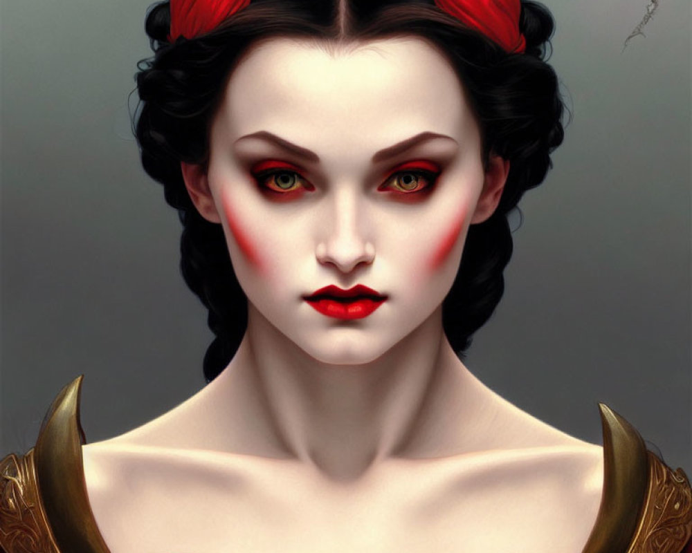 Digital artwork of woman with pale skin, green eyes, red & black updo, red dress with